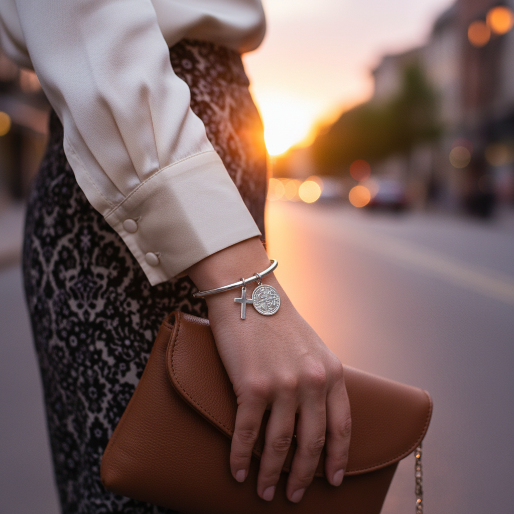 Ατσάλινο bangle σε silver με κρεμαστό σταυρό και κωνσταντινάτο – So Cute by Dimi