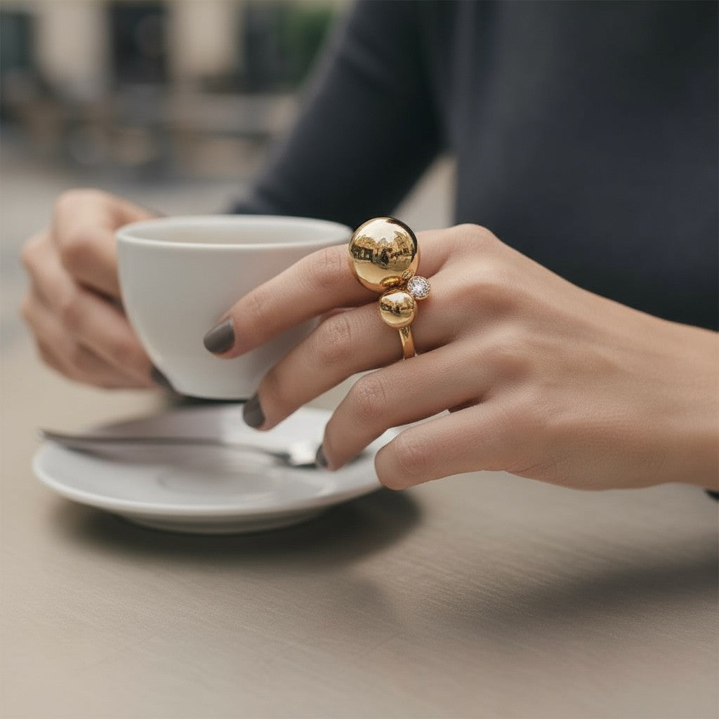 Statement δαχτυλίδι με δύο μπίλιες και στρογγυλό ζιργκόν σε χρυσό ή ασημί χρώμα – So Cute by Dimi