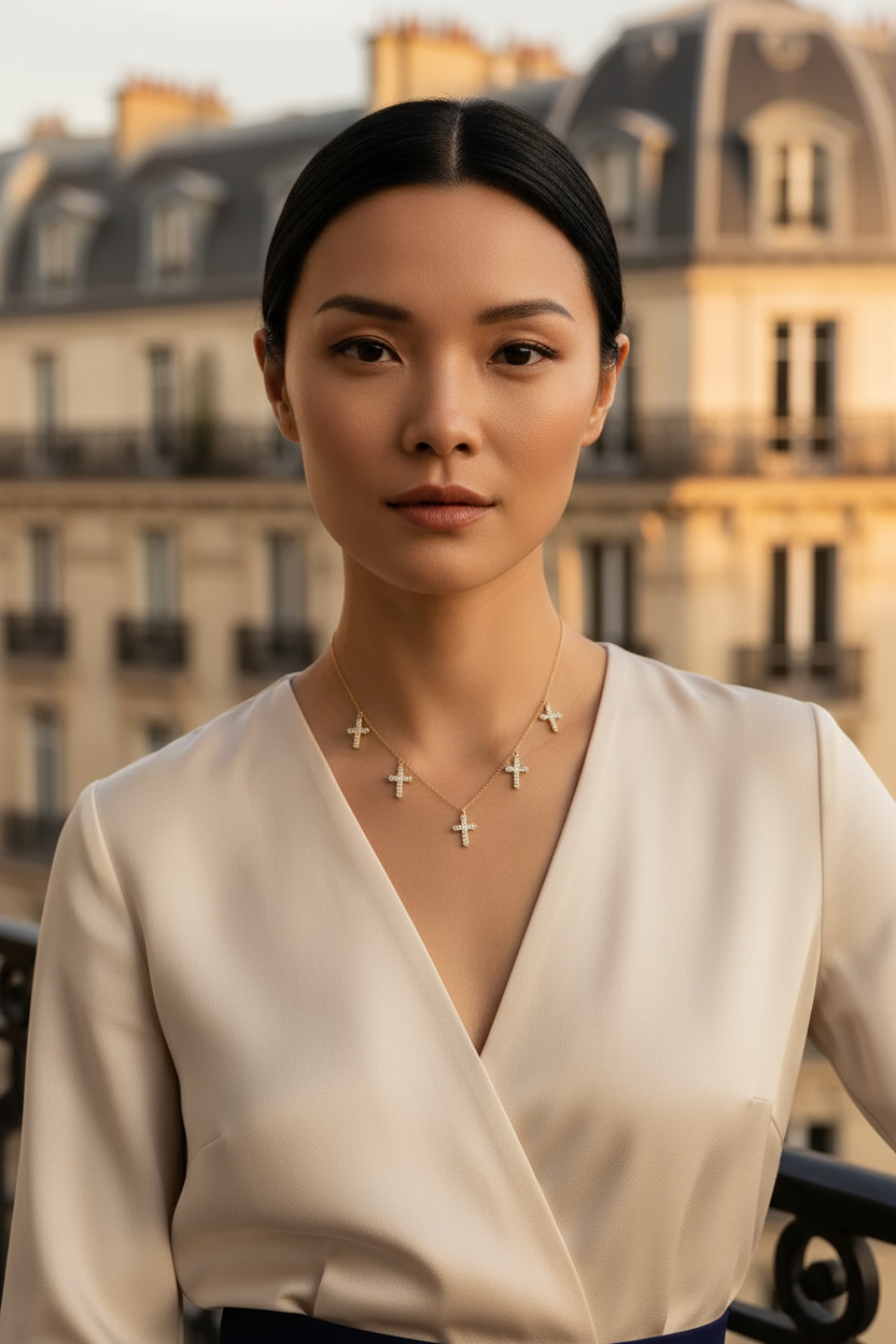 Ατσάλινο κολιέ με πέντε σταυρούς και ζιργκόν – Crystal Cross Charm Necklace So Cute by Dimi