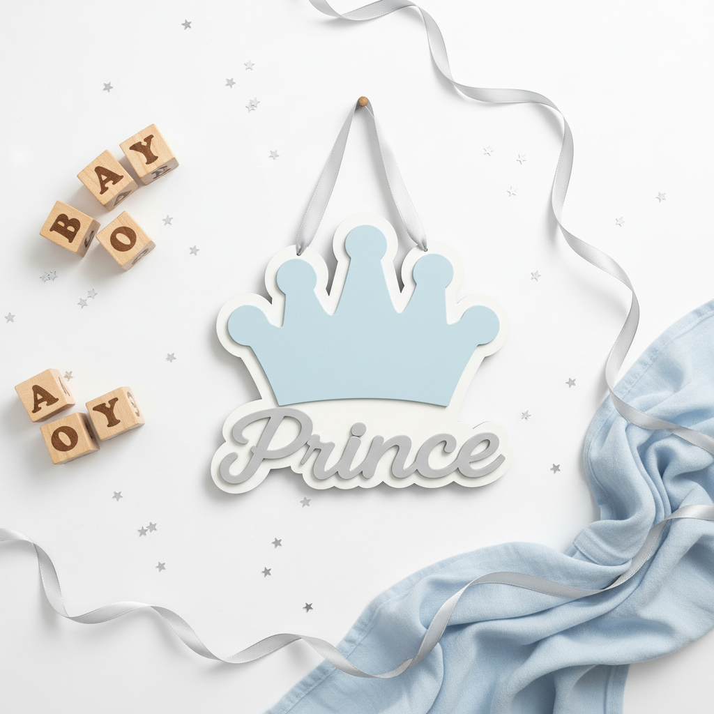 Χειροποίητο κάδρο Prince με γαλάζια κορώνα και γκρι lettering από ξύλο και plexiglass