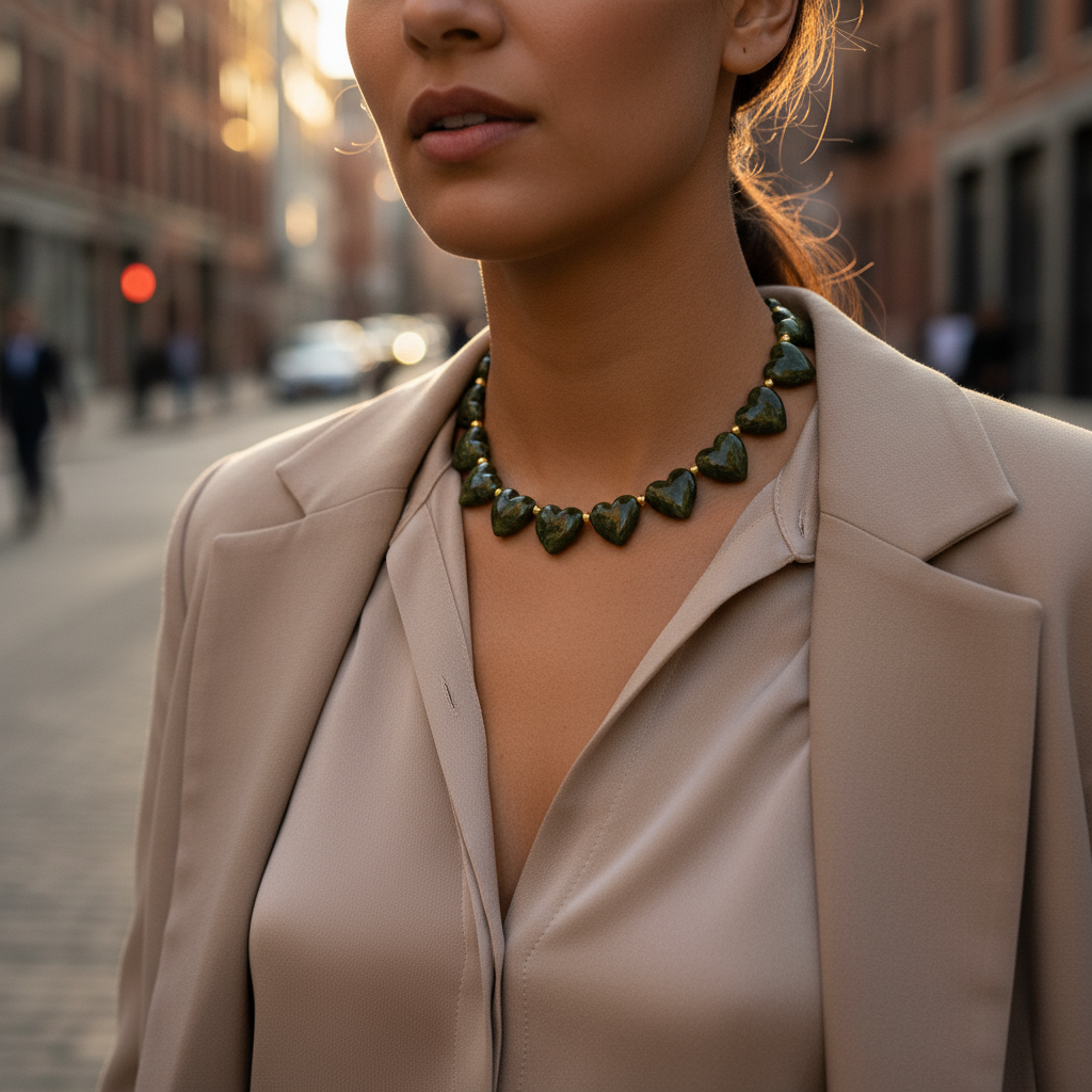 Ατσάλινο κολιέ με καρδιές σε αποχρώσεις olive, amber και ivory – Marbella Hearts Necklace So Cute by Dimi