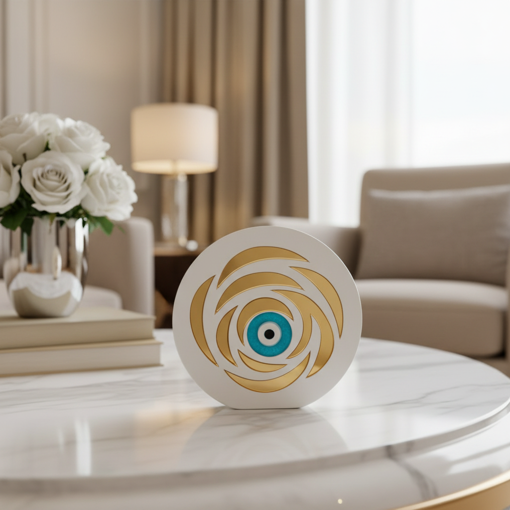 Petal Eye γούρι, επιτραπέζιο χειροποίητο plexiglass με μάτι & χρυσά πέταλα σε μαύρο ή λευκό – So Cute by Dimi