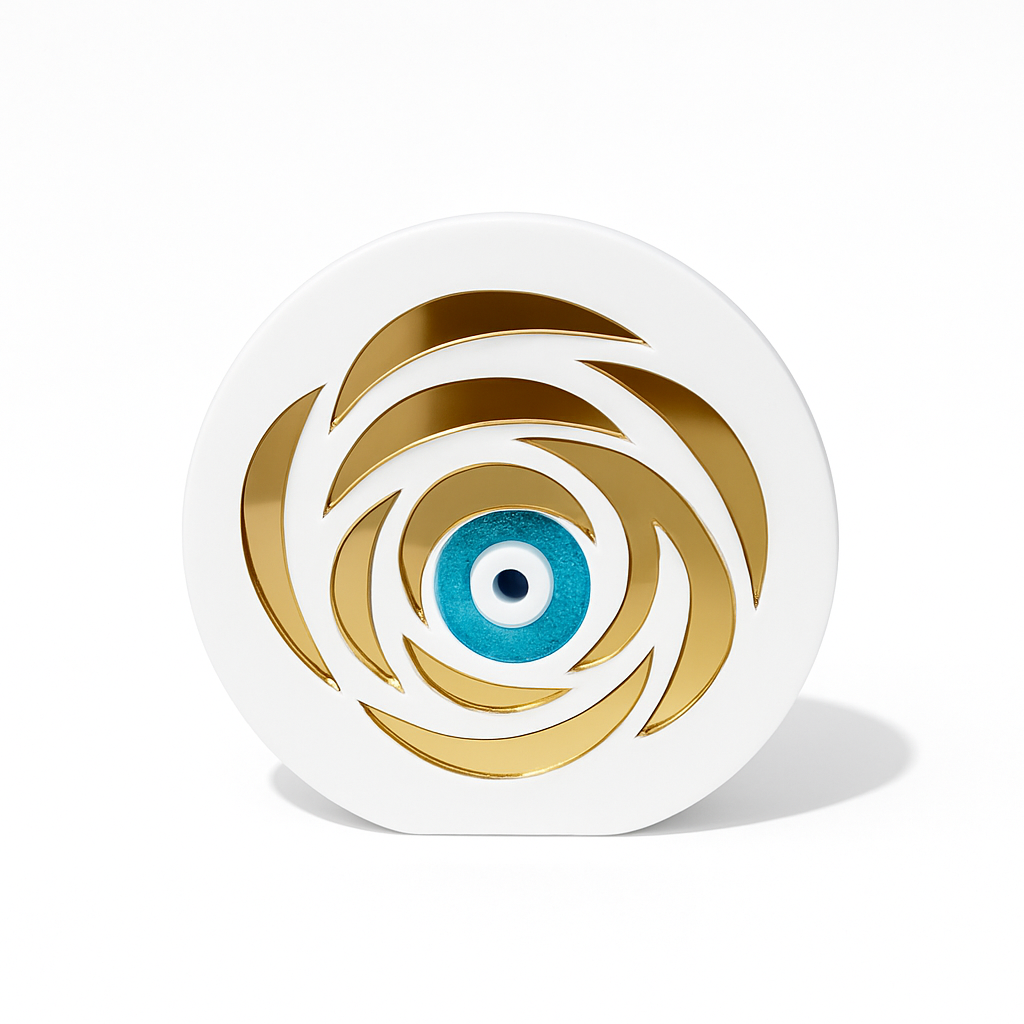 Petal Eye γούρι, επιτραπέζιο χειροποίητο plexiglass με μάτι & χρυσά πέταλα σε μαύρο ή λευκό – So Cute by Dimi
