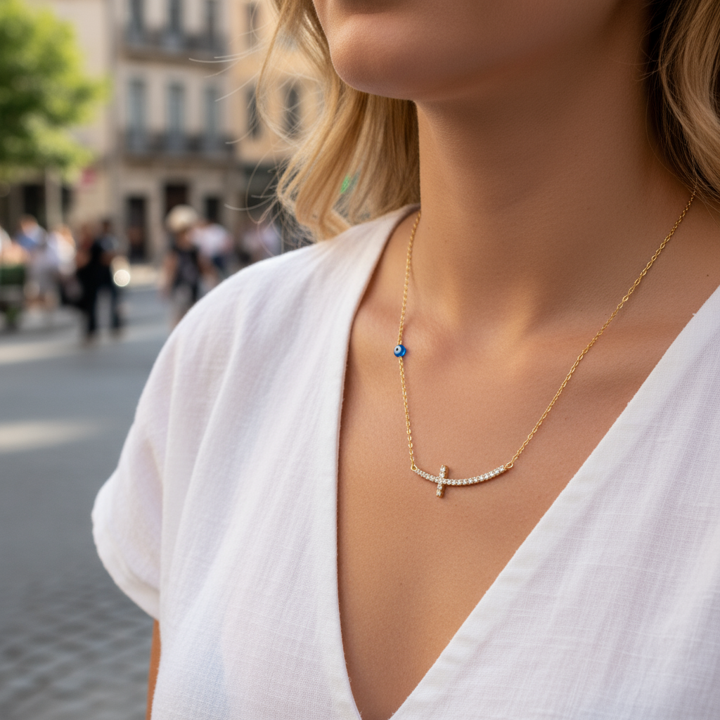 Κολιέ “Faith Spark” – Ατσάλινο με σταυρό & ματάκι - So Cute by Dimi