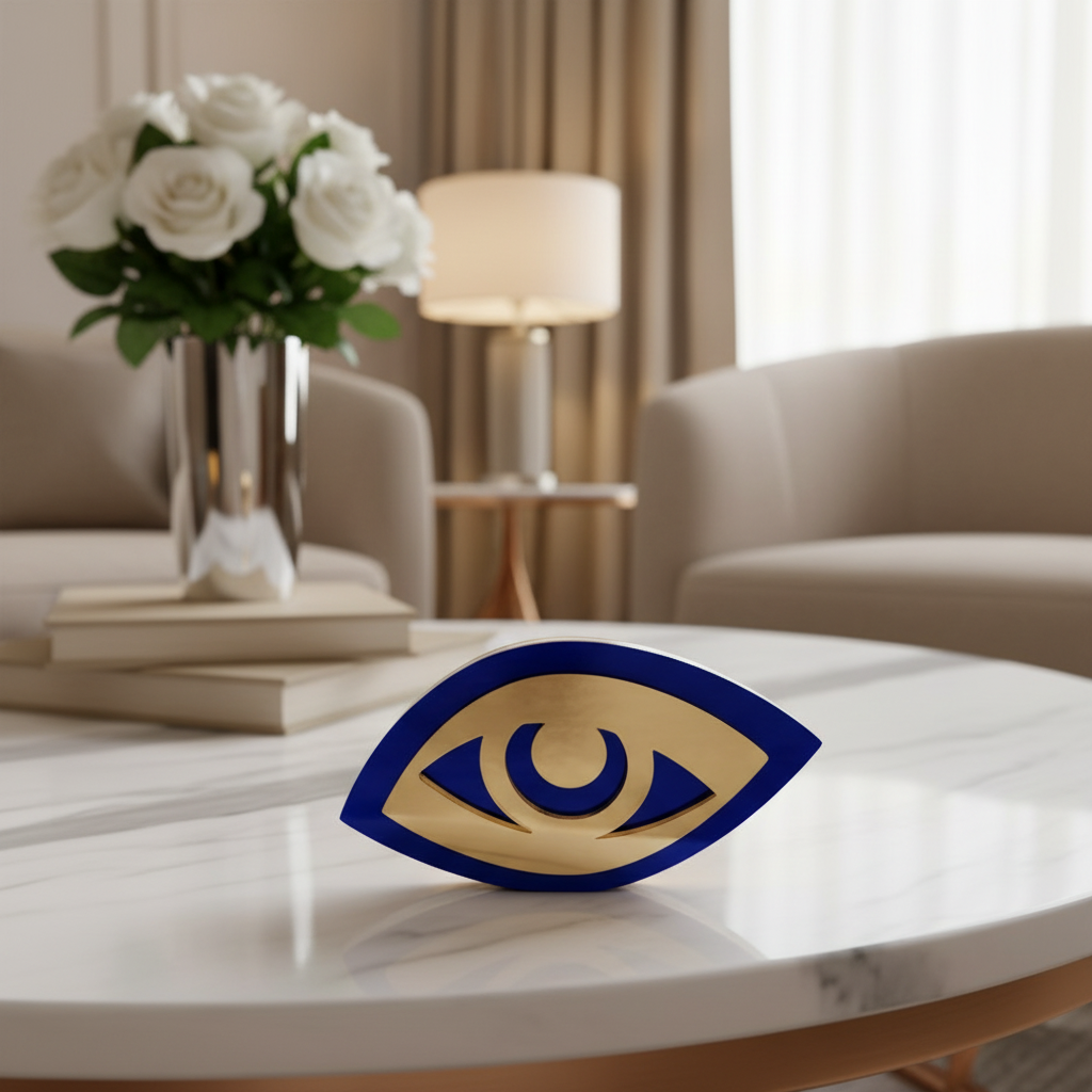 Γούρι επιτραπέζιο μάτι plexiglass καθρέφτης σε χρυσό και μπλε με ασυμμετρίες – So Cute by Dimi