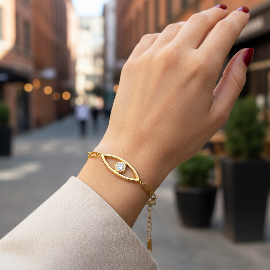 Iris – Ατσάλινο βραχιόλι με μάτι και λευκό ζιργκόν από το So Cute by Dimi