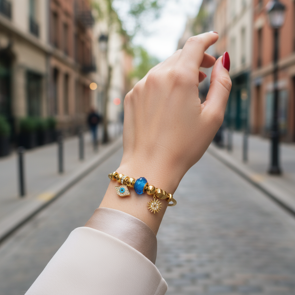 Ατσάλινο Βραχιόλι Sun & Eye με Μπλε Χάντρα - So Cute by Dimi