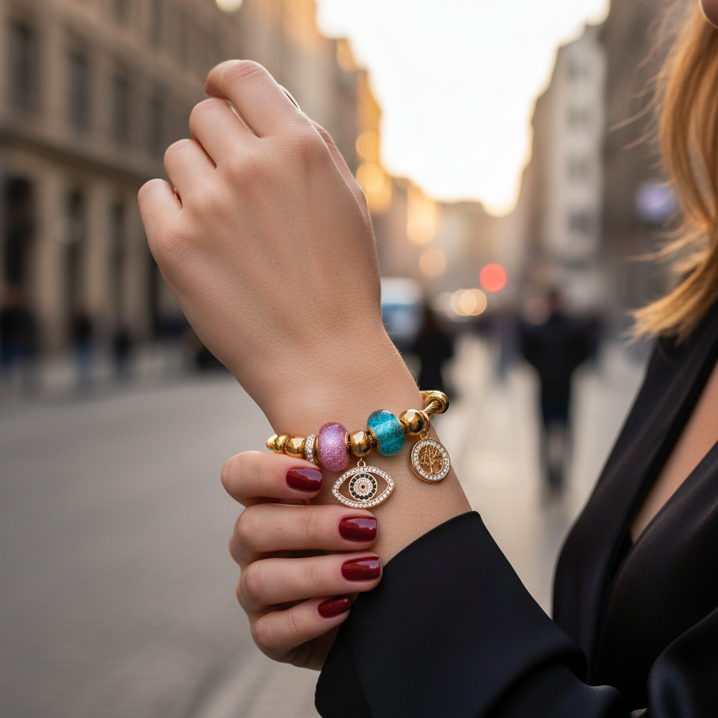 Ατσάλινο βραχιόλι με μάτι, δέντρο ζωής και ροζ & γαλάζιες χάντρες σε χρυσό & ασημί