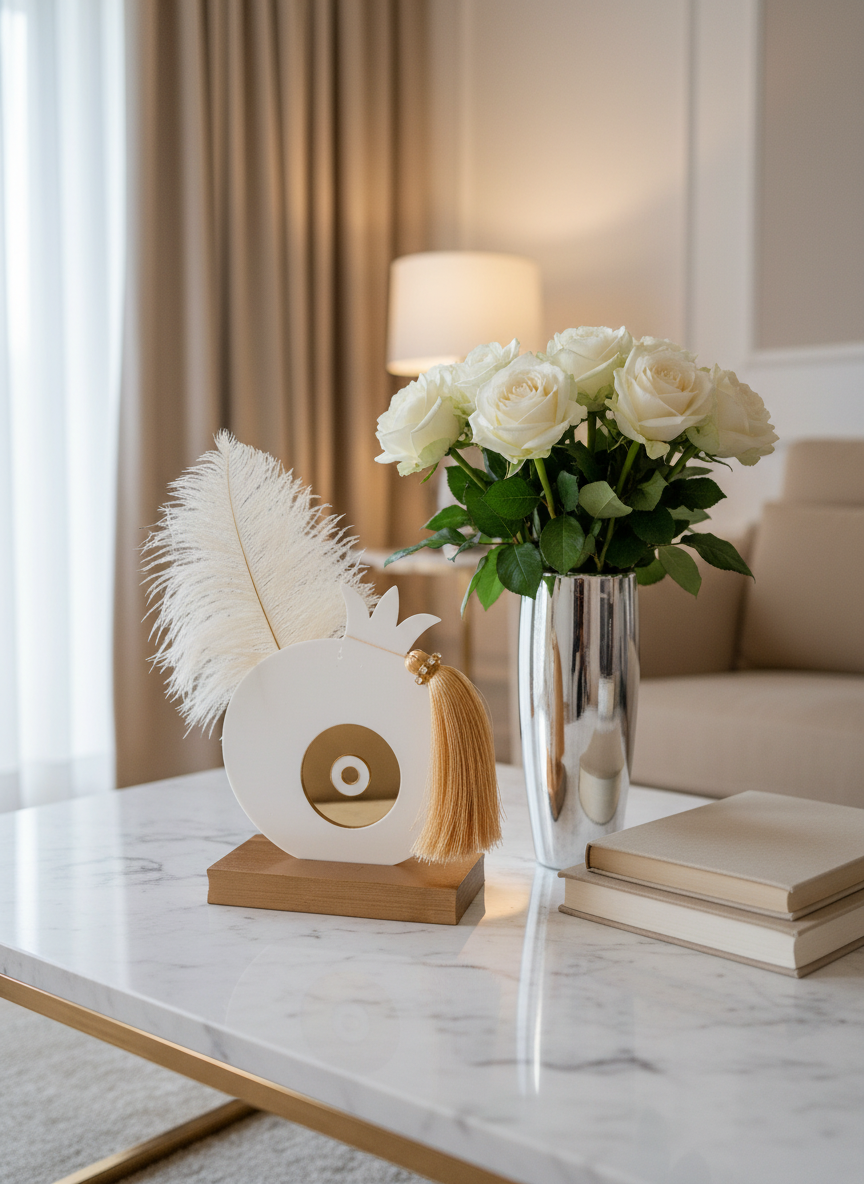 Χειροποίητο επιτραπέζιο γούρι ρόδι από plexiglass με χρυσό mirror μάτι, φτερό και φούντα με στρας, σε ξύλινη βάση, διαστάσεων 17×13 cm