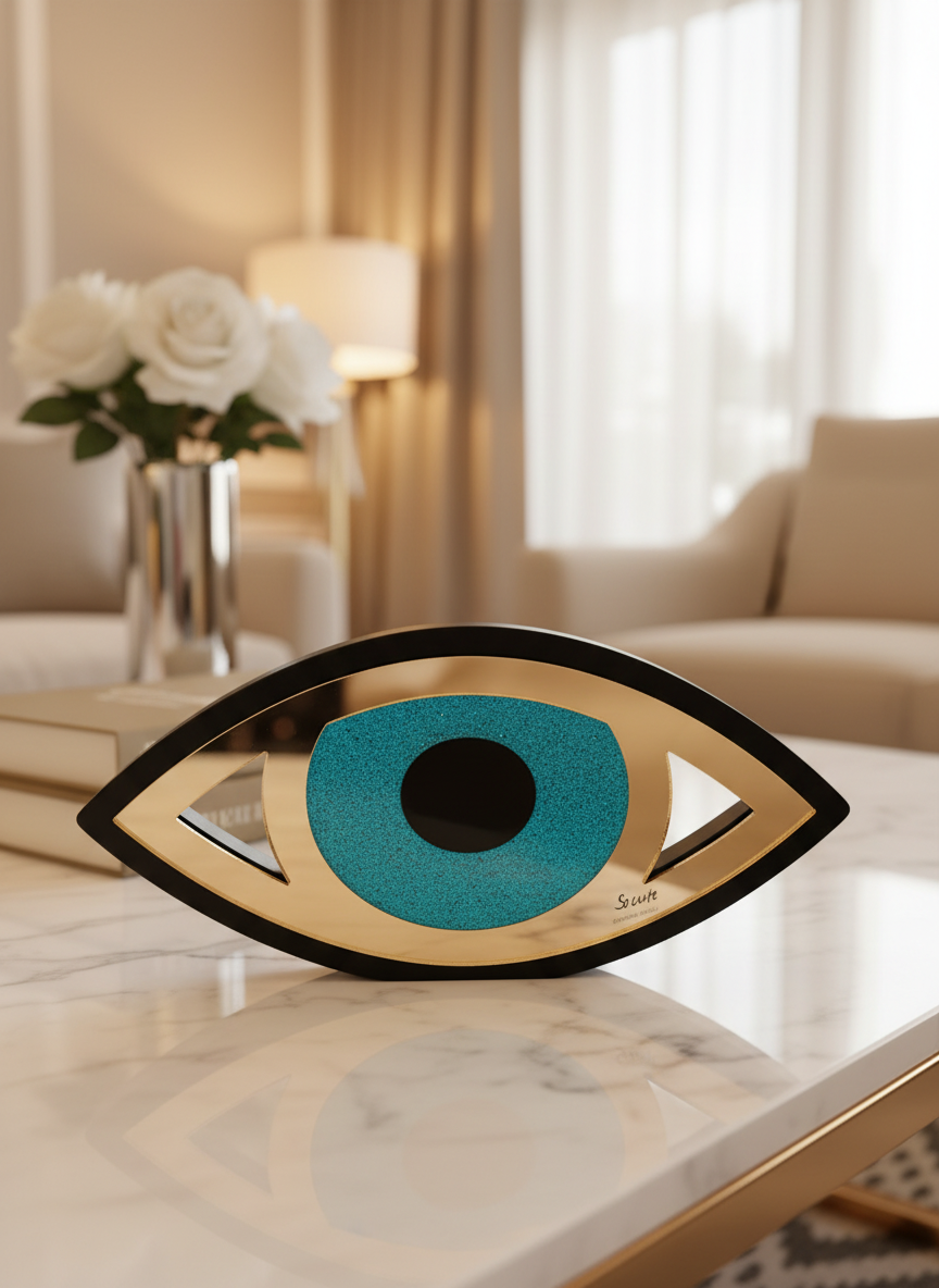 Επιτραπέζιο γούρι μάτι από μαύρο και χρυσό plexiglass καθρέφτη με τυρκουάζ καθρέφτη – So Cute by Dimi