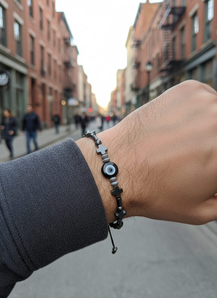 Ανδρικό βραχιόλι με ματάκι, σταυρούς & αιματίτη – So Cute by Dimi