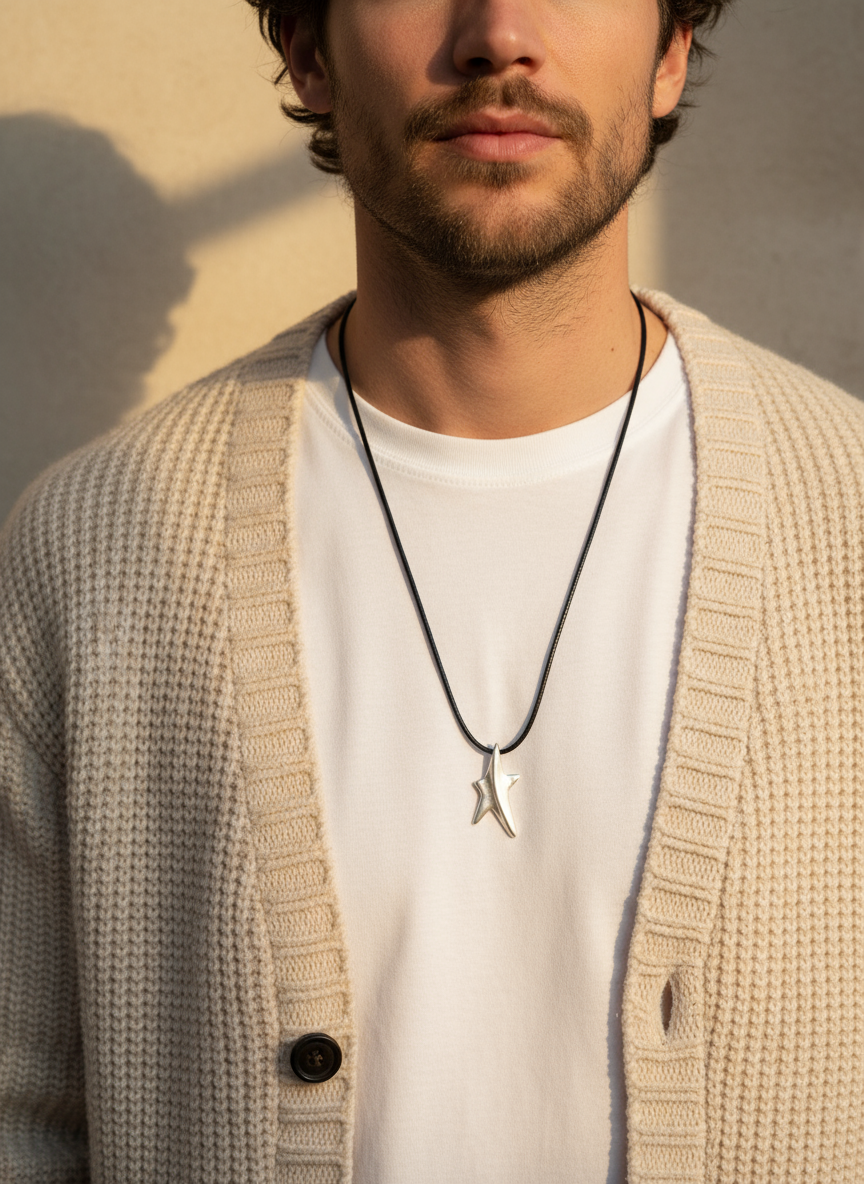 Χειροποίητο κολιέ με ασύμμετρο αστέρι από ορείχαλκο σε μαύρο κορδόνι – So Cute by Dimi