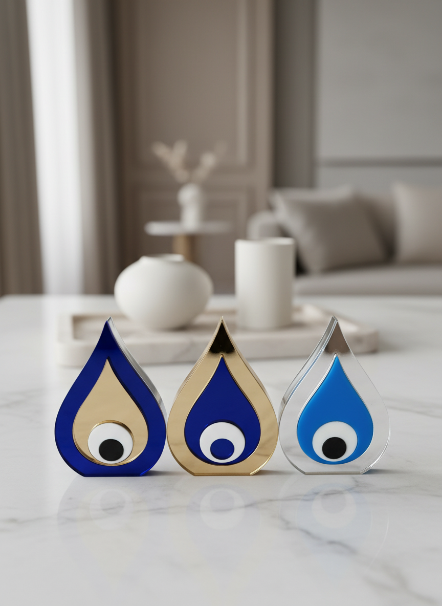 Χειροποίητο επιτραπέζιο ματάκι drop από πλεξιγκλάς καθρέφτη σε μοντέρνο σχέδιο, διαστάσεων 10,5×7 εκ.