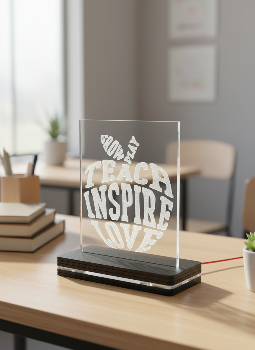 Διάφανο φωτιστικό LED Teach Inspire Love με ξύλινη βάση