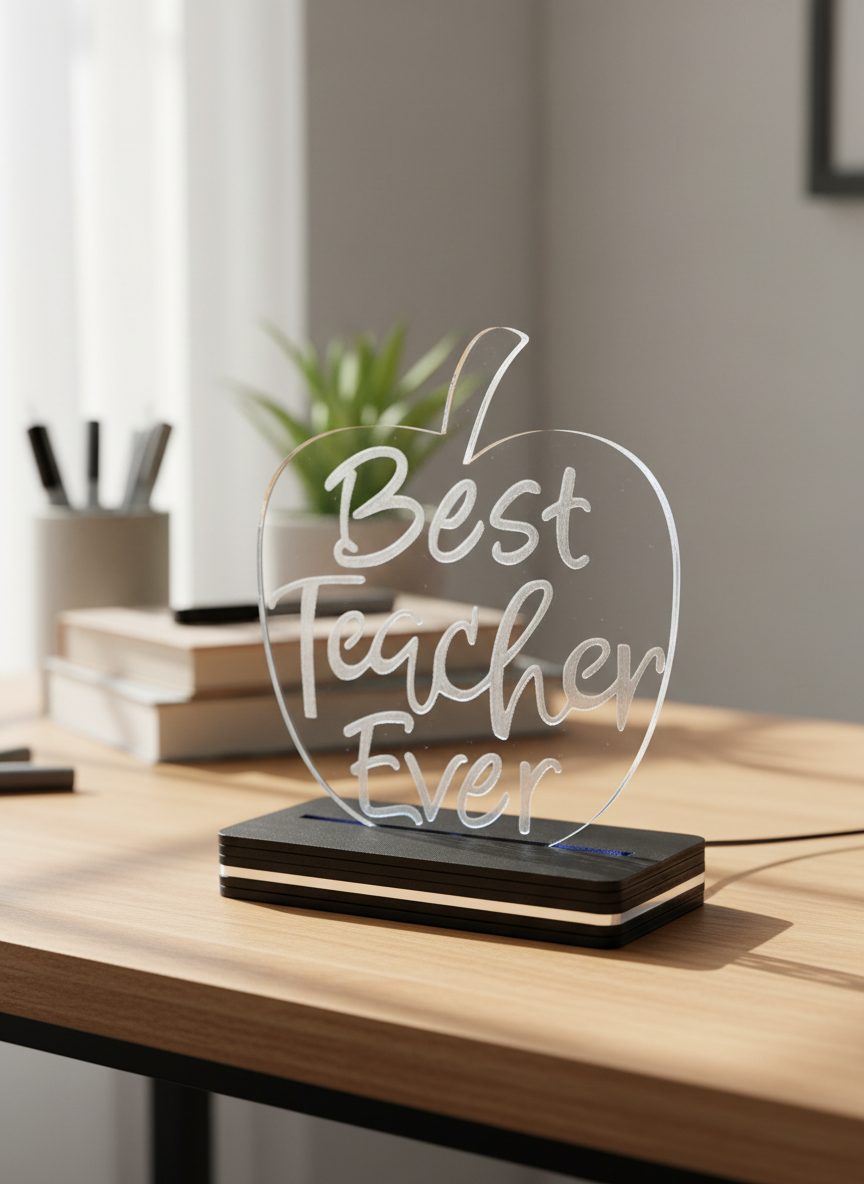 Διάφανο φωτιστικό LED Best Teacher Ever σε σχήμα μήλου με ξύλινη βάση