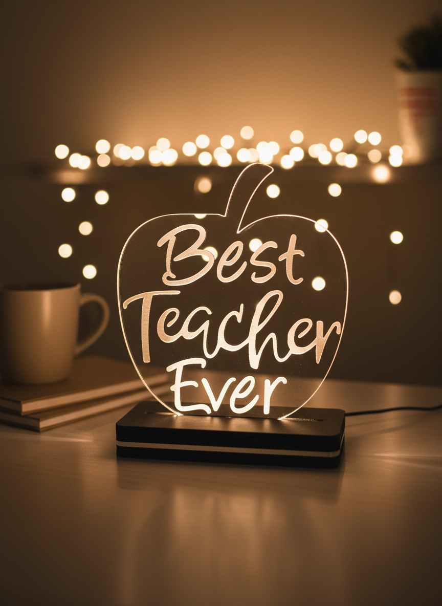 Διάφανο φωτιστικό LED Best Teacher Ever σε σχήμα μήλου με ξύλινη βάση