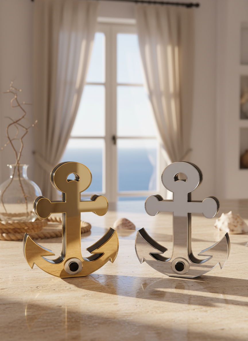 Χειροποίητο επιτραπέζιο γούρι άγκυρα με μάτι από πλεξιγκλάς καθρέφτη, διπλής όψεως, σε χρυσό ή ασημί, So Cute by Dimi.