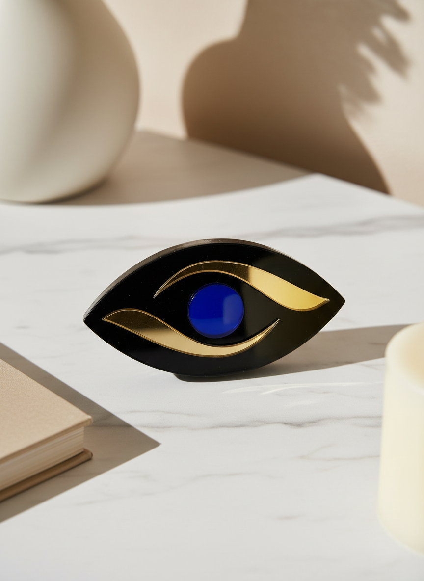 Χειροποίητο γούρι μάτι MYRTO CHARM από plexiglass με καμπυλωτά χρυσά φύλλα καθρέφτη,So Cute by Dimi