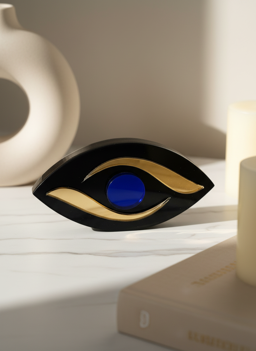 Χειροποίητο γούρι μάτι MYRTO CHARM από plexiglass με καμπυλωτά χρυσά φύλλα καθρέφτη,So Cute by Dimi