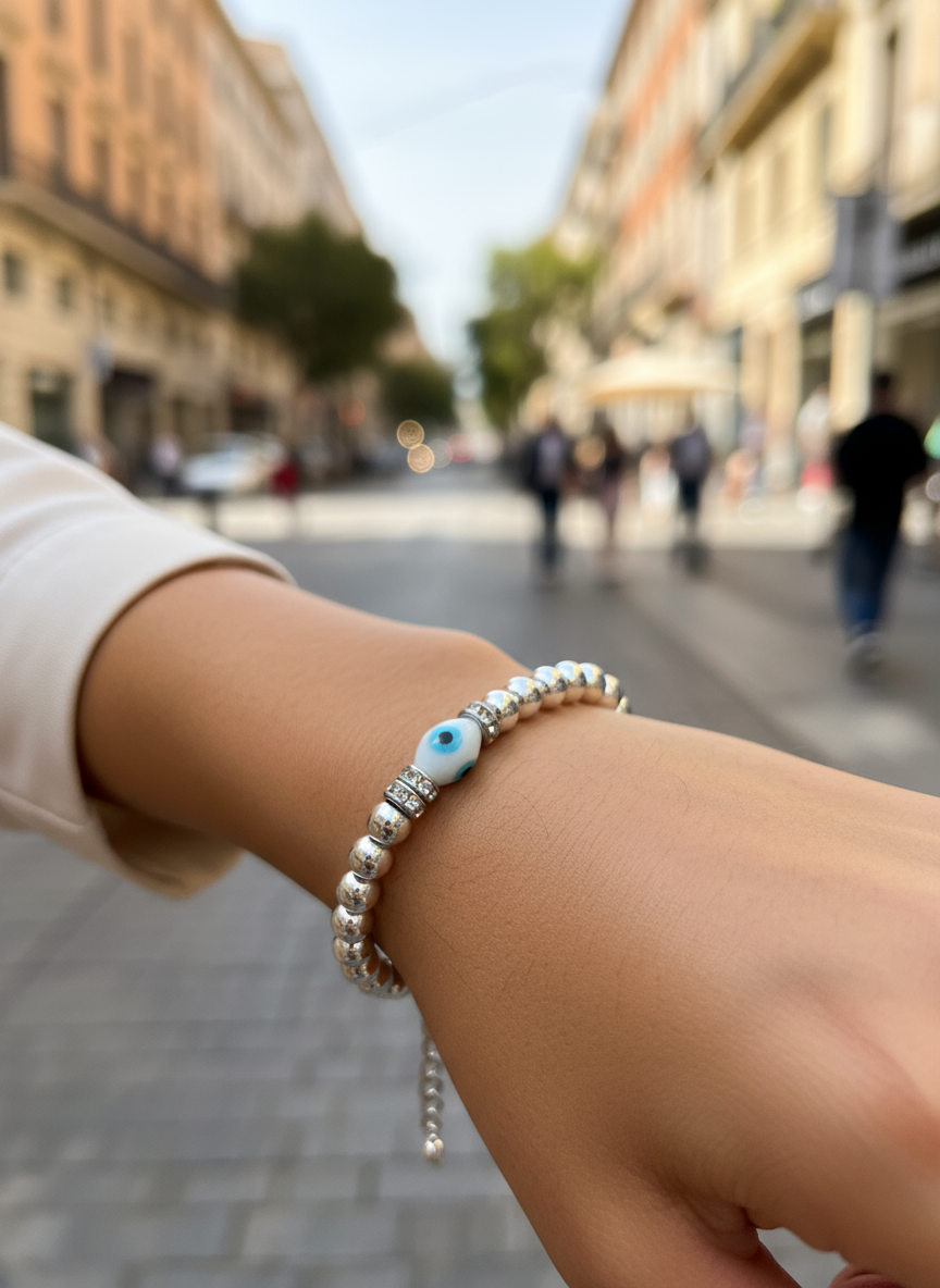 Χειροποίητο βραχιόλι με αιματίτη, στρας και lampwork μάτι – So Cute by Dimi