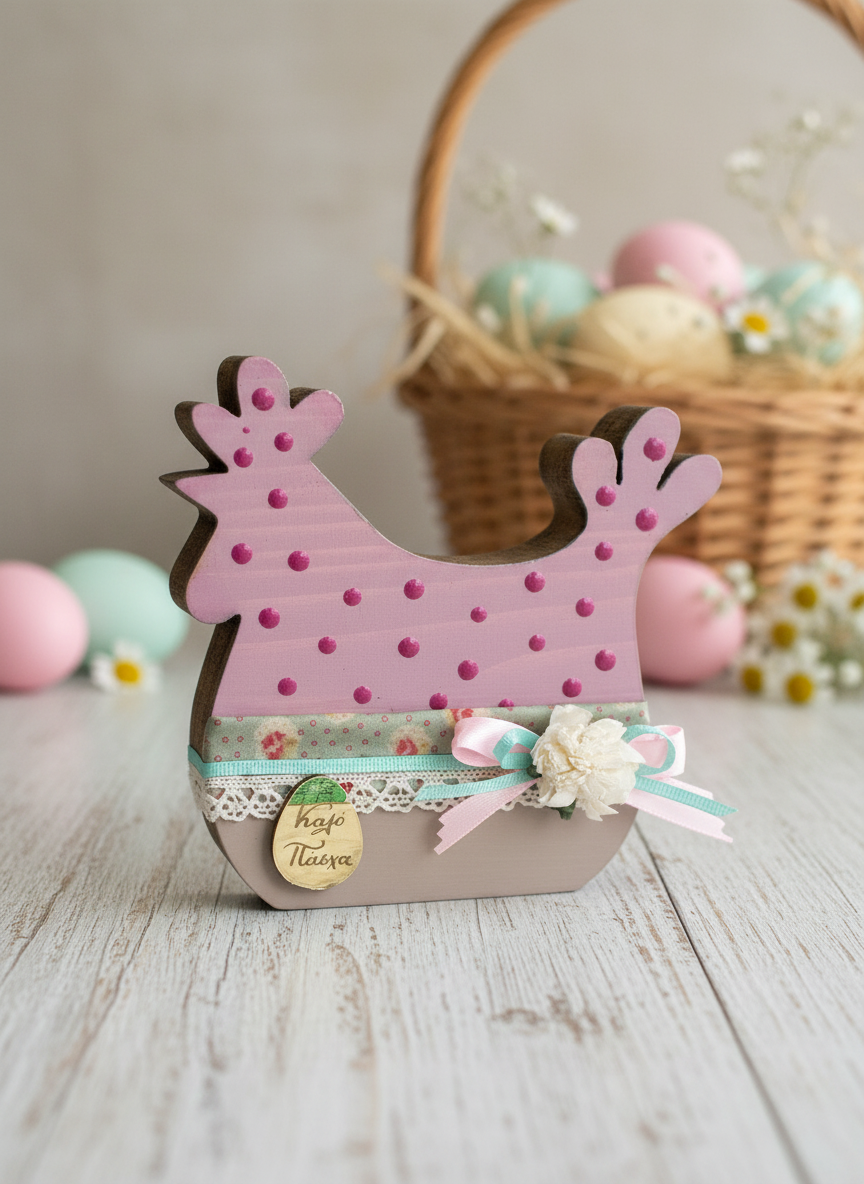 Ξύλινη χειροποίητη πασχαλινή κοτούλα με φλοράλ κορδέλες, δαντέλα και χρυσό plexiglass αυγό με χαραγμένο Καλό Πάσχα – So Cute by Dimi