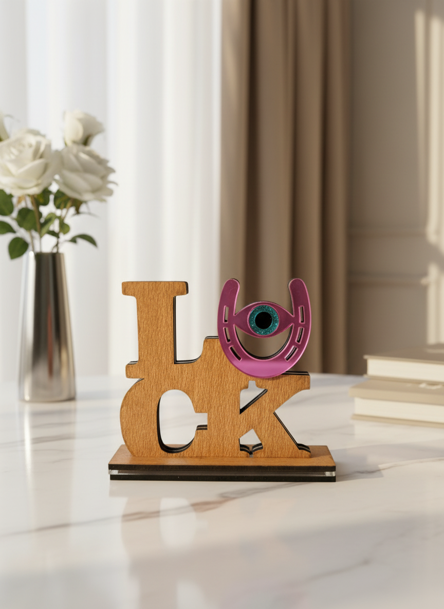 Επιτραπέζιο γούρι LUCK από ξύλο και plexiglass καθρέφτη με μάτι και πέταλο, χειροποίητη κατασκευή, 13×15 cm.