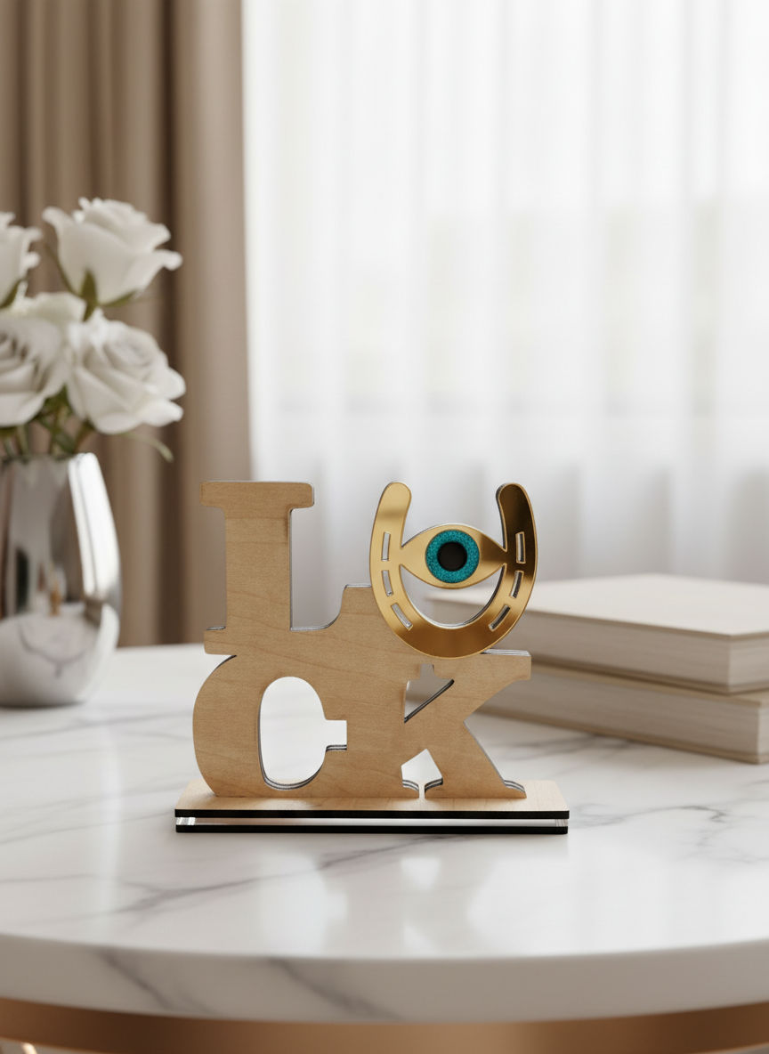 Επιτραπέζιο γούρι LUCK από ξύλο και plexiglass καθρέφτη με μάτι και πέταλο, χειροποίητη κατασκευή, 13×15 cm.