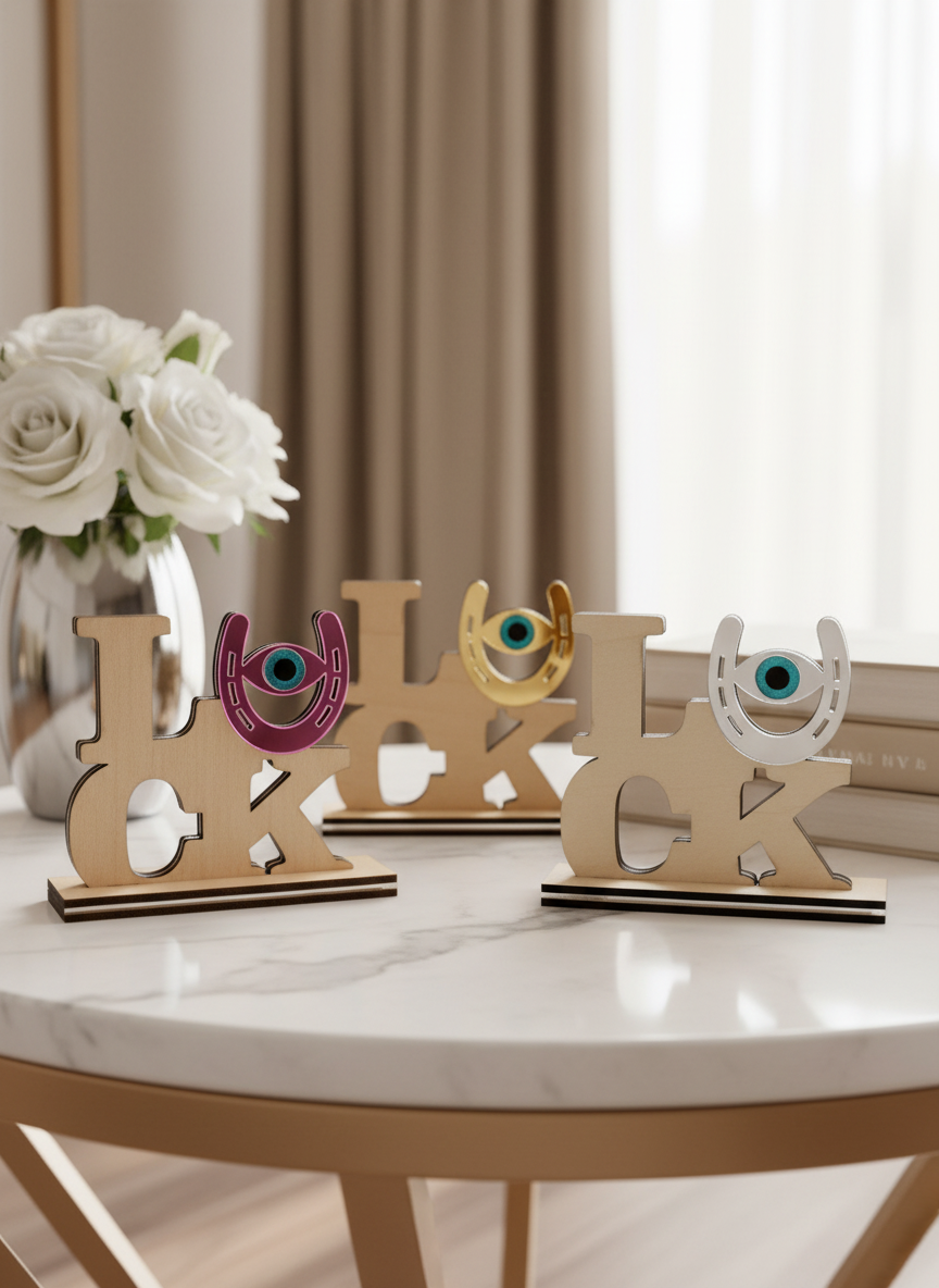 Επιτραπέζιο γούρι LUCK από ξύλο και plexiglass καθρέφτη με μάτι και πέταλο, χειροποίητη κατασκευή, 13×15 cm.