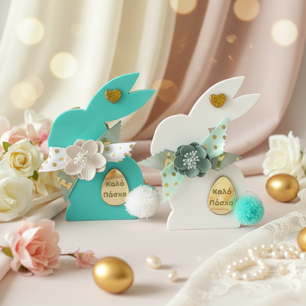 Χειροποίητο πασχαλινό λαγουδάκι σε μέντα και λευκό, με κορδέλες, λουλούδι, glitter καρδιά και αυγό «Καλό Πάσχα».