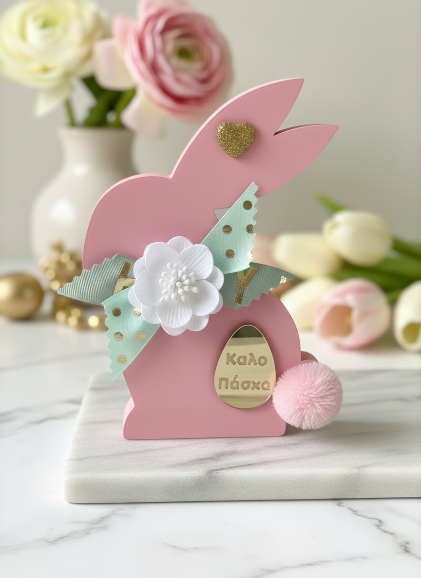 Χειροποίητο πασχαλινό λαγουδάκι σε ροζ, με κορδέλες, λουλούδι, glitter καρδιά και αυγό «Καλό Πάσχα».