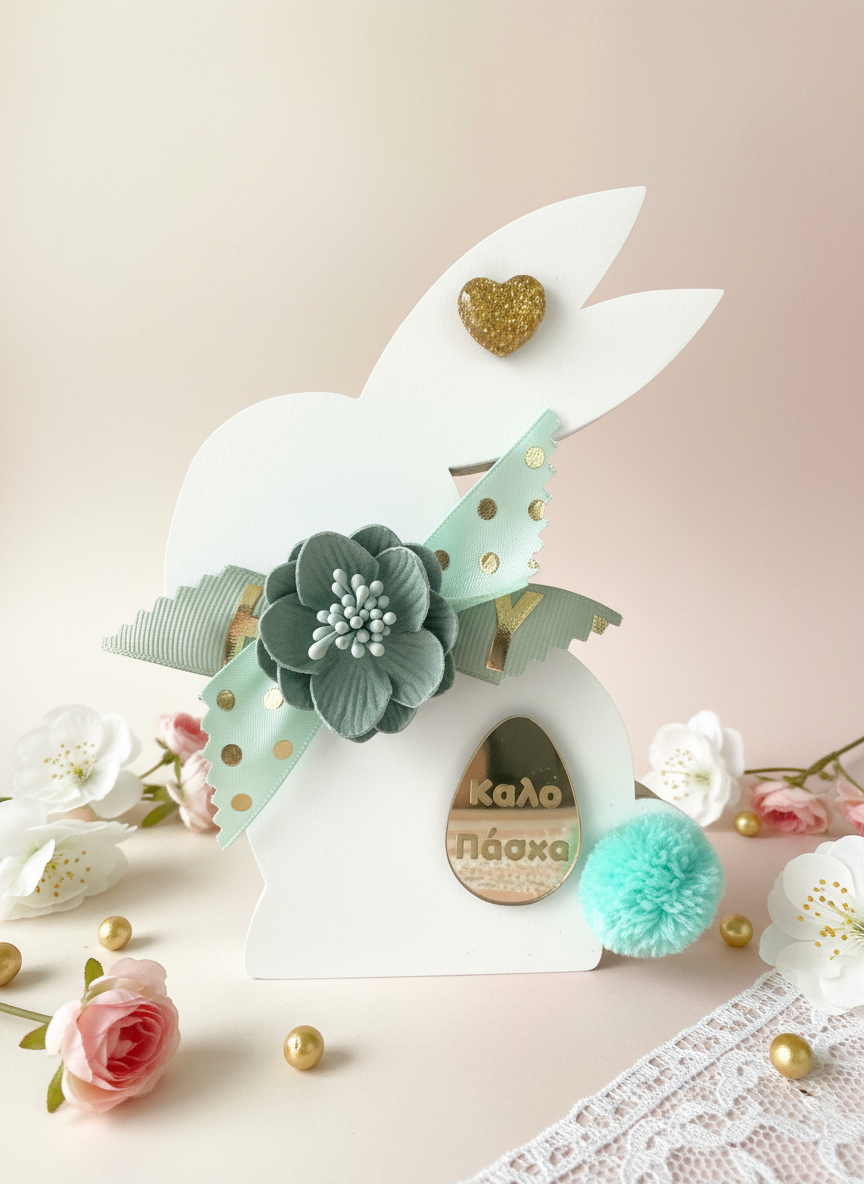 Χειροποίητο πασχαλινό λαγουδάκι σε λευκό, με κορδέλες, λουλούδι, glitter καρδιά και αυγό «Καλό Πάσχα».