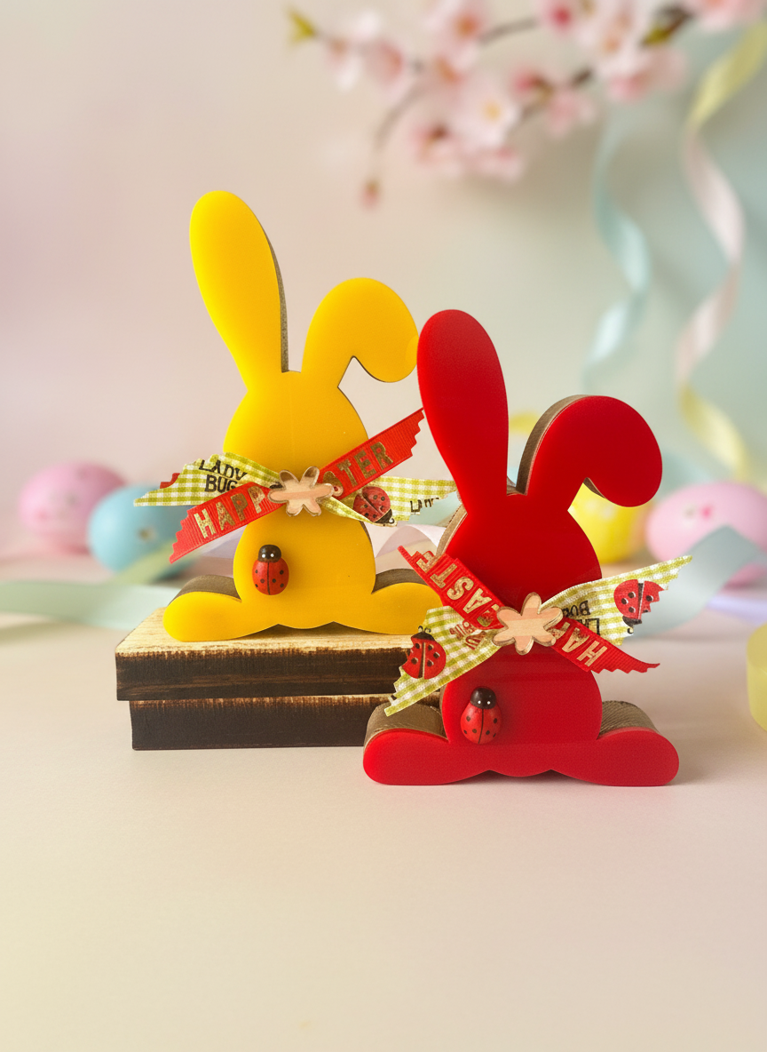 Χειροποίητο πασχαλινό λαγουδάκι από ξύλο και πλεξιγκλάς σε κόκκινο και κίτρινο, στολισμένο με κορδέλες και πασχαλίτσες
