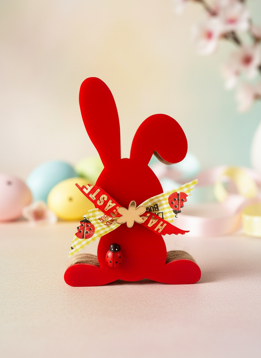 Χειροποίητο πασχαλινό λαγουδάκι από ξύλο και πλεξιγκλάς σε κόκκινο , στολισμένο με κορδέλες και πασχαλίτσες