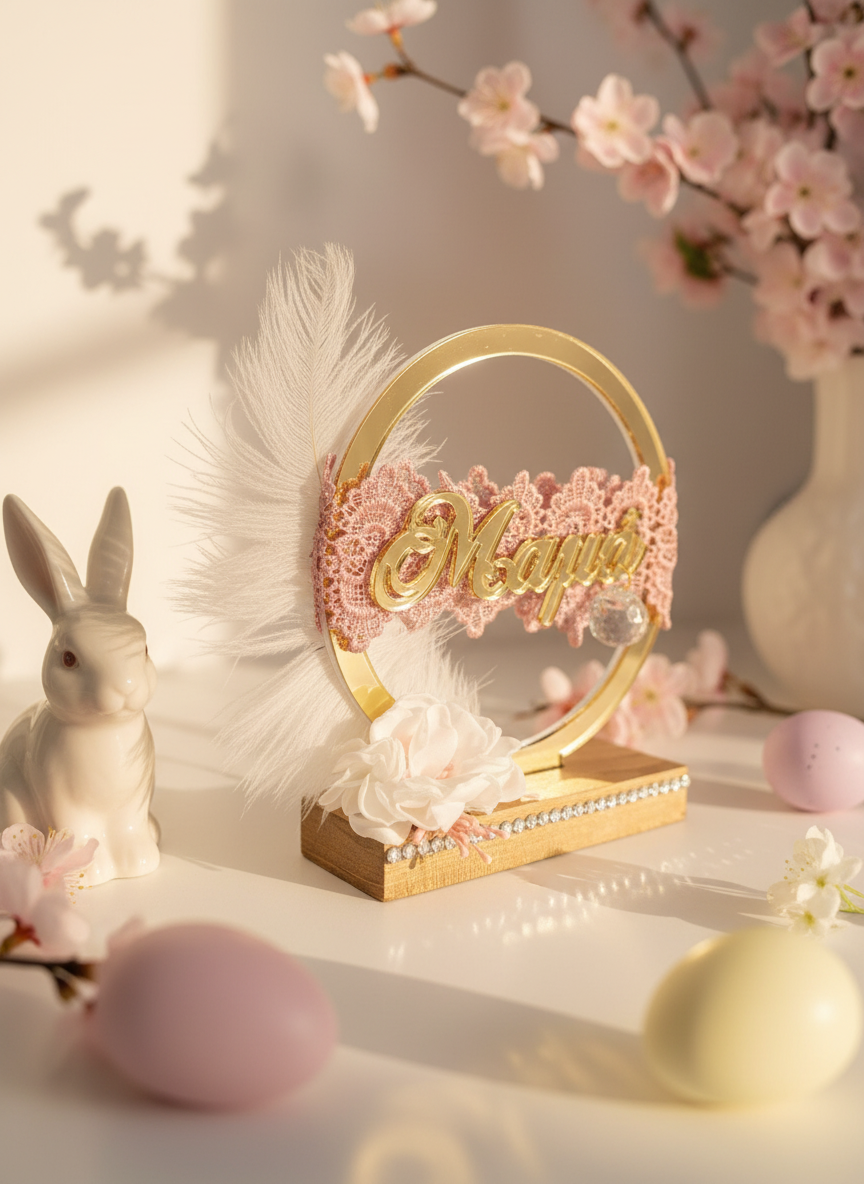 Χειροποίητο διακοσμητικό ‘Μαμά’ με χρυσό στεφάνι, δαντέλα, φτερό και λουλούδια σε ξύλινη βάση με κρυσταλλάκια