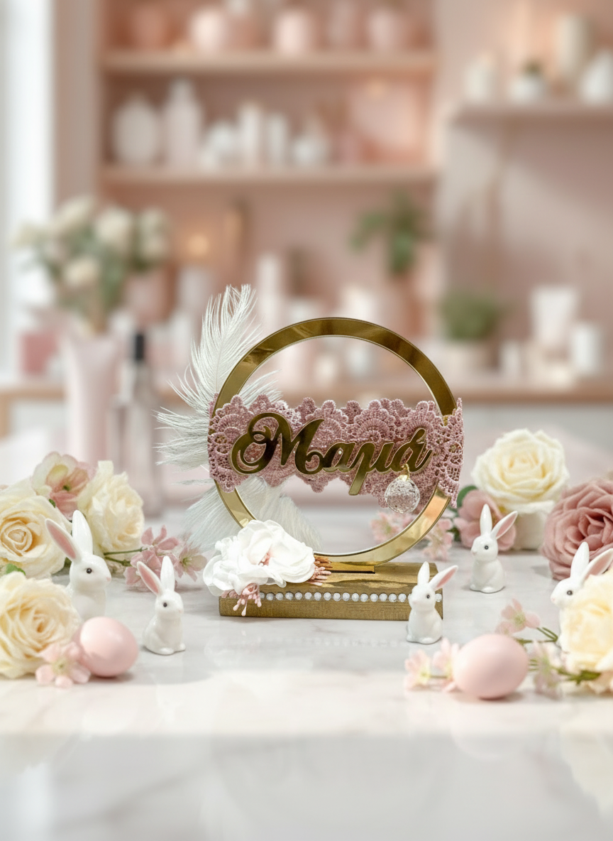 Χειροποίητο διακοσμητικό ‘Μαμά’ με χρυσό στεφάνι, δαντέλα, φτερό και λουλούδια σε ξύλινη βάση με κρυσταλλάκια