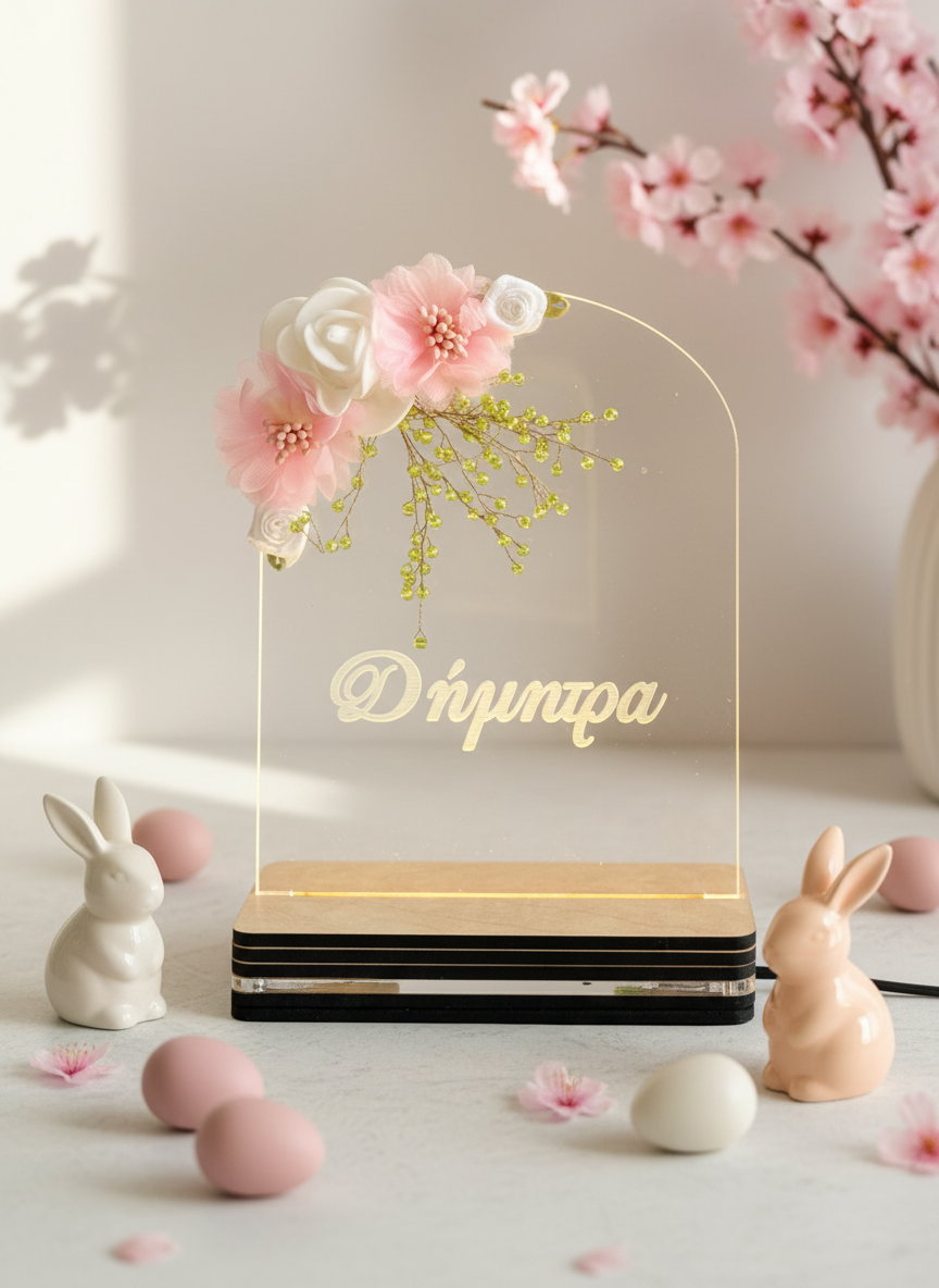 Οβάλ ακρυλικό LED φωτιστικό με υφασμάτινα ροζ και λευκά λουλούδια και προσωποποιημένη χάραξη ονόματος στη βάση