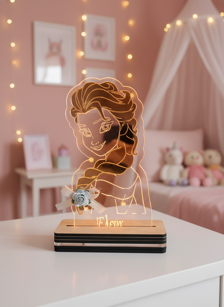Παιδικό LED φωτιστικό Frozen Elsa με προσωποποιημένο όνομα και απλικέ mirror plexi μαλλιά.