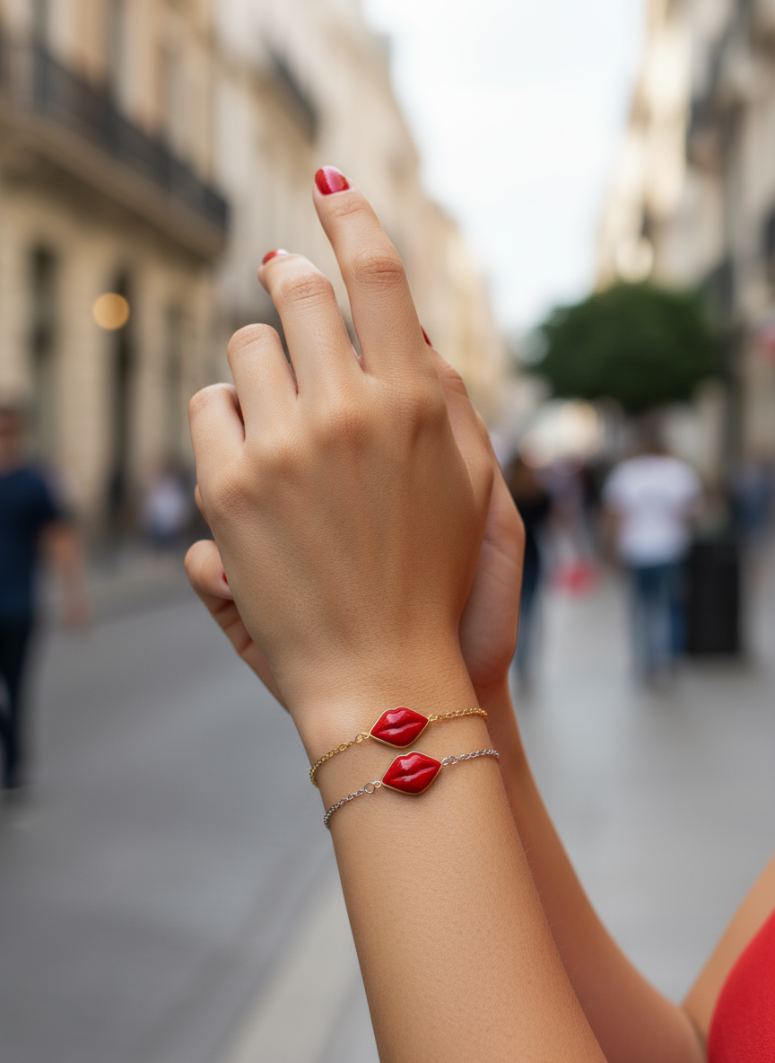 Kiss Me Bracelet – Red Lips | Gold / Silver Steel - So Cute by Dimi