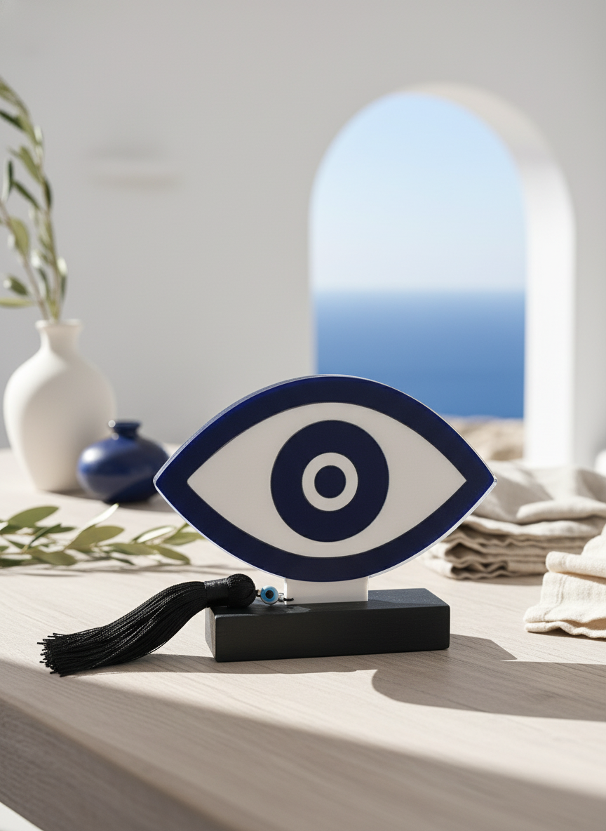 Επιτραπέζιο γούρι μάτι So Cute by Dimi σε ξύλινη βάση με φούντα