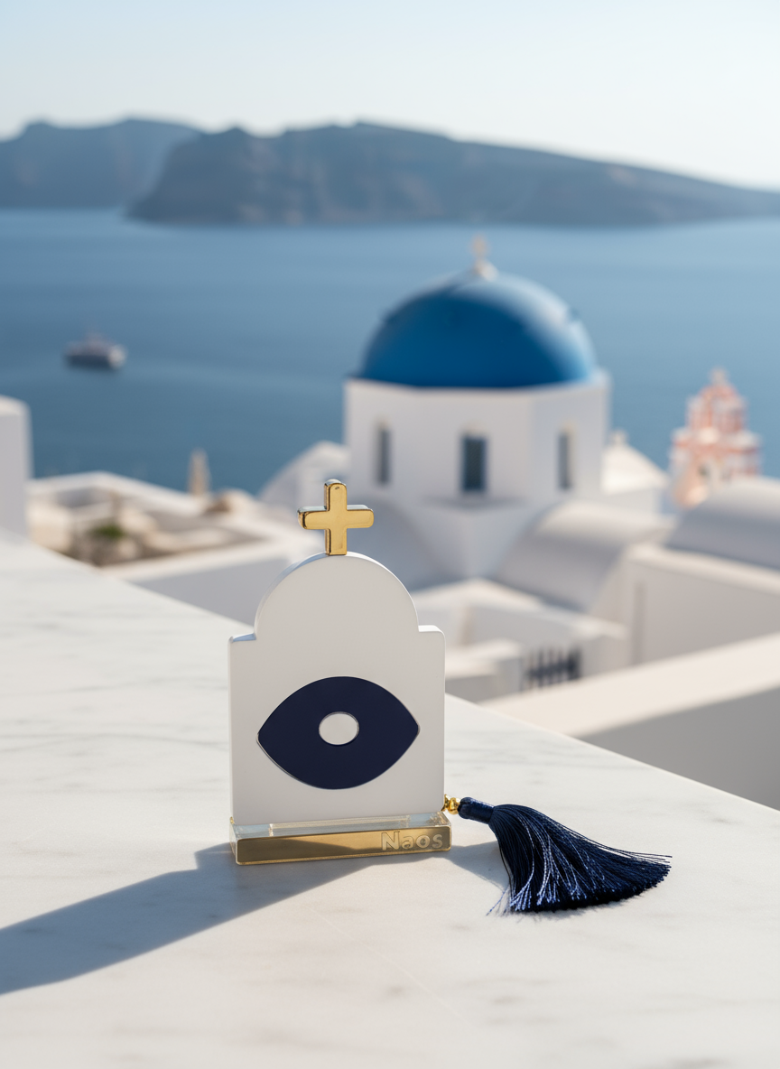 Γούρι design plexiglass σε σχήμα κυκλαδίτικου ναού με navy μάτι και χρυσό σταυρό, με navy φούντα – So Cute by Dimi