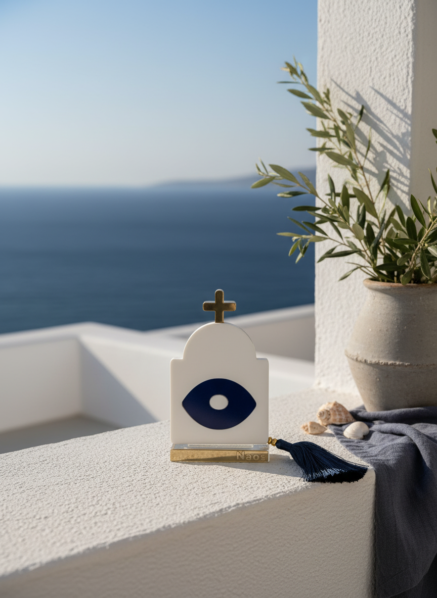 Γούρι design plexiglass σε σχήμα κυκλαδίτικου ναού με navy μάτι και χρυσό σταυρό, με navy φούντα – So Cute by Dimi