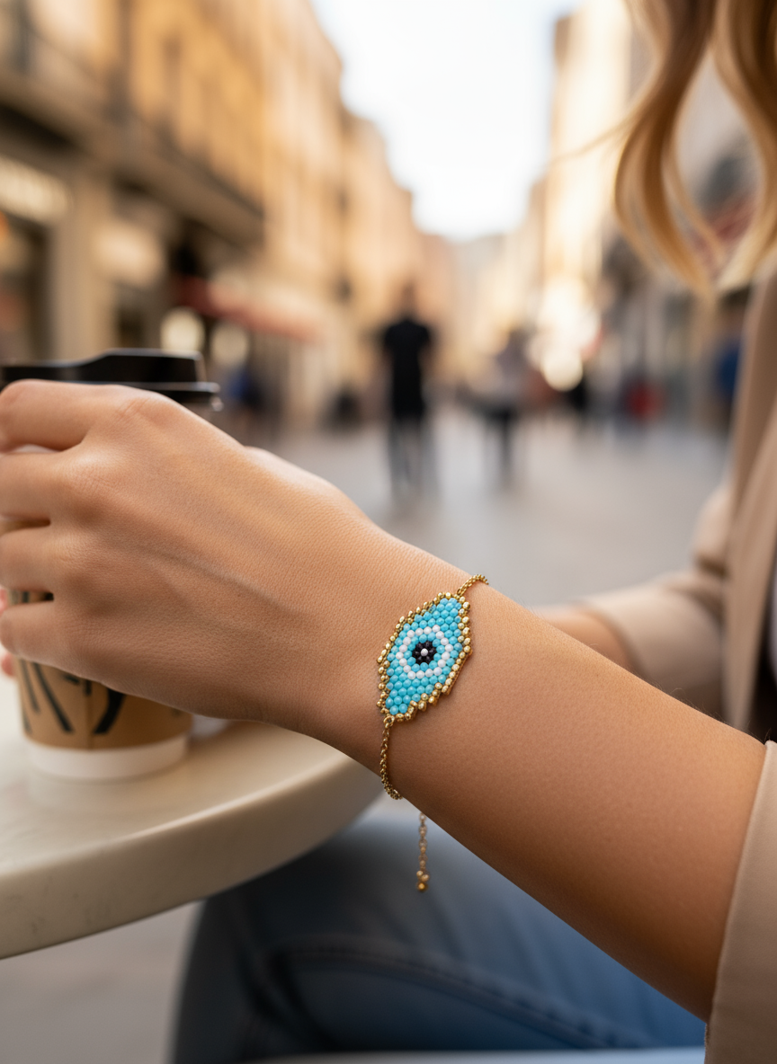 Blue Gaze – Βραχιόλι Μάτι Miyuki με Ατσάλινη Αλυσίδα - So Cute by Dimi