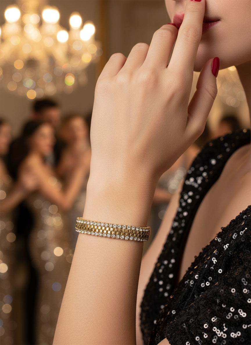 Louvre – Χρυσό Ατσάλινο Βραχιόλι με Διπλή Σειρά Στρας - So Cute by Dimi