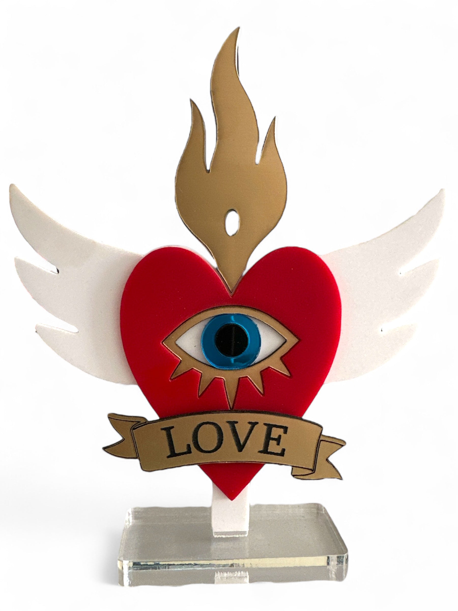 Επιτραπέζιο γούρι Christmas Pop Love Heart από plexiglass με μάτι, φλόγα, φτερά & banner LOVE – So Cute by Dimi