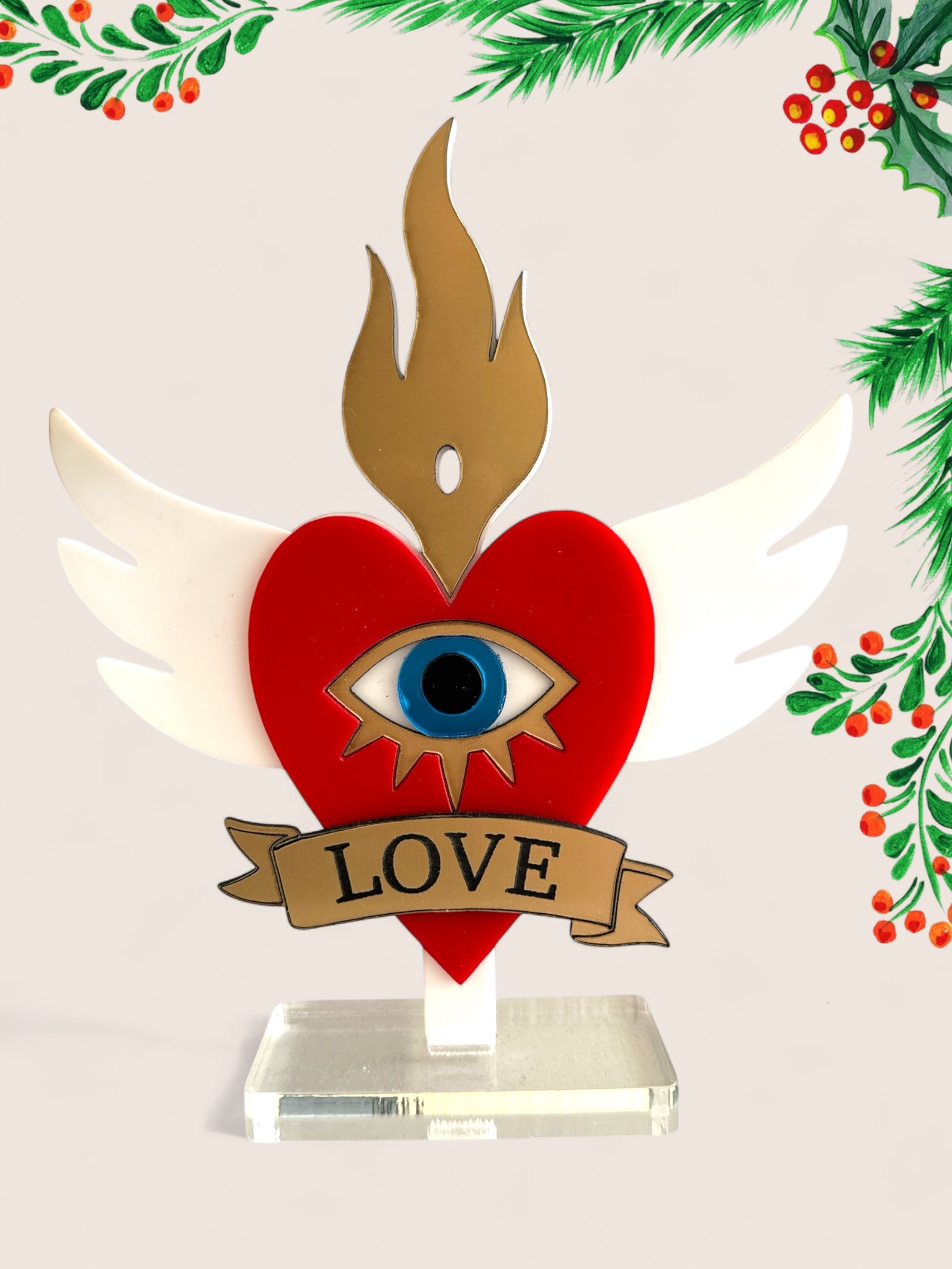 Επιτραπέζιο γούρι Christmas Pop Love Heart από plexiglass με μάτι, φλόγα, φτερά & banner LOVE – So Cute by Dimi