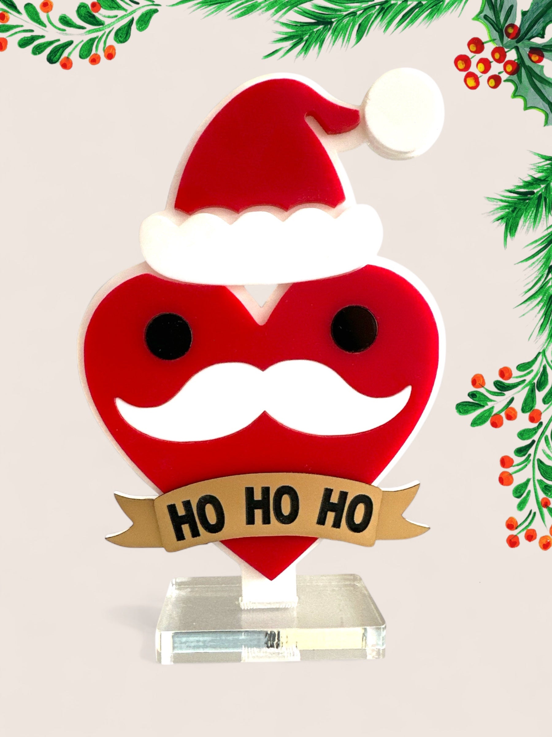 Επιτραπέζιο γούρι Christmas Pop Ho Ho Ho από plexiglass σε σχήμα καρδιάς με σκούφο Άι Βασίλη – So Cute by Dimi