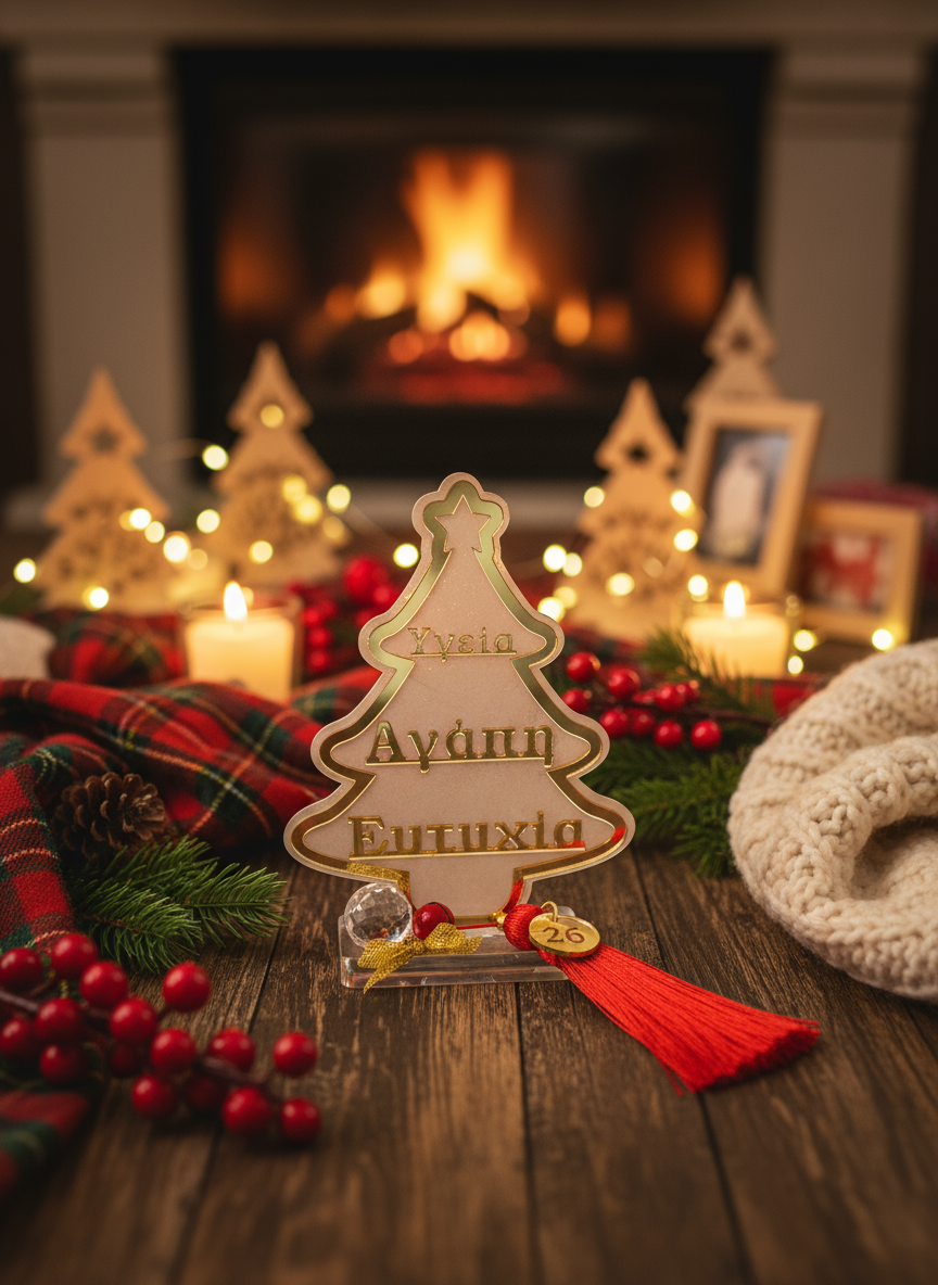 Επιτραπέζιο γούρι Δέντρο Ευχών 2026 με plexiglass καθρέφτη, κόκκινη φούντα και κρυστάλλινη μπάλα – So Cute by Dimi