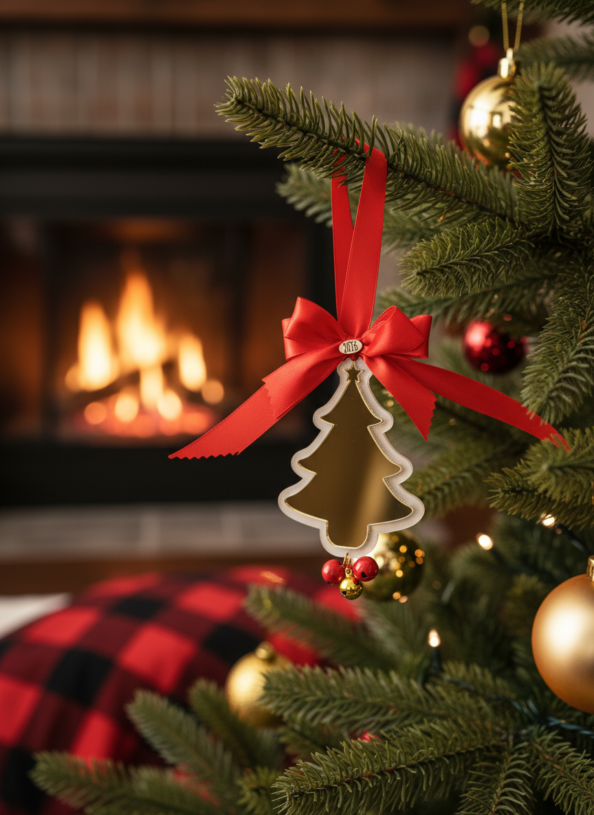 Χειροποίητο κρεμαστό γούρι δέντρο 2026 από plexiglass χρυσό καθρέφτη με κόκκινο φιόγκο και κουδουνάκια – Holiday Statements So Cute by Dimi