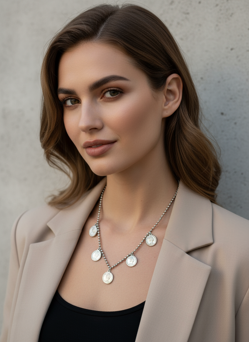 Ατσάλινο κολιέ με νομίσματα σε ασημί – So Cute by Dimi