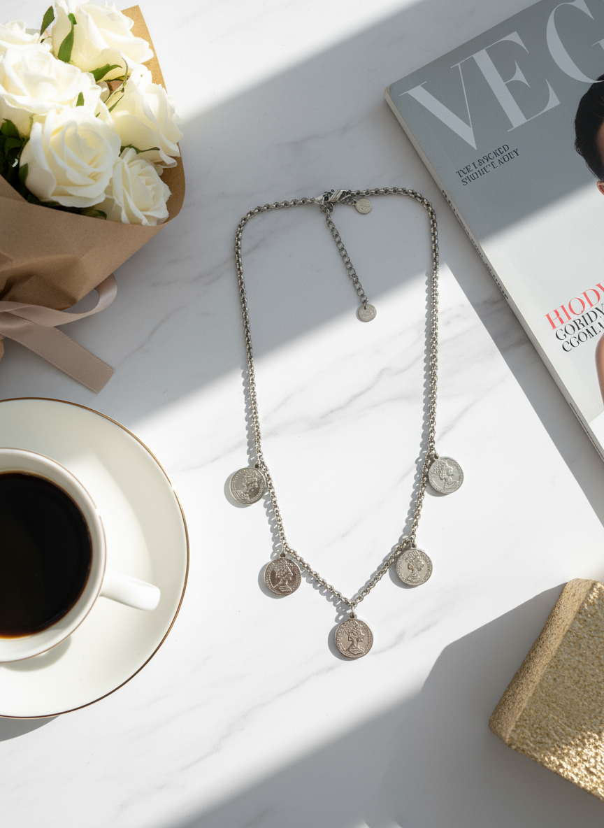 Ατσάλινο κολιέ με νομίσματα σε ασημί – So Cute by Dimi